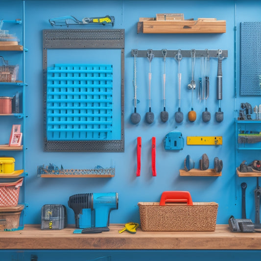 A clutter-free workshop with a large, sturdy pegboard mounted on a wall, adorned with various heavy-duty hooks holding an array of tools, accessories, and equipment in an organized and easily accessible manner.