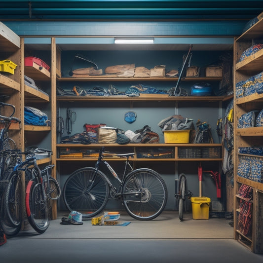 A cluttered garage with bicycles, tools, and storage bins scattered on the floor, contrasted with a section of suspended shelves above, holding organized bins and neatly arranged items.
