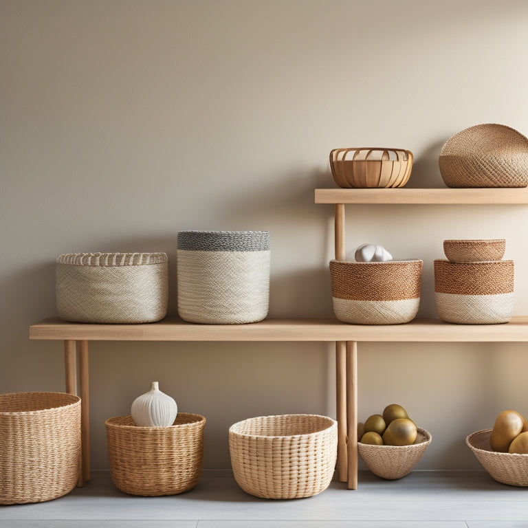 A serene, minimalist space with 5-7 woven baskets of varying sizes, arranged harmoniously on 3-4 wooden shelves, against a calming, light-gray background, with soft, warm lighting.