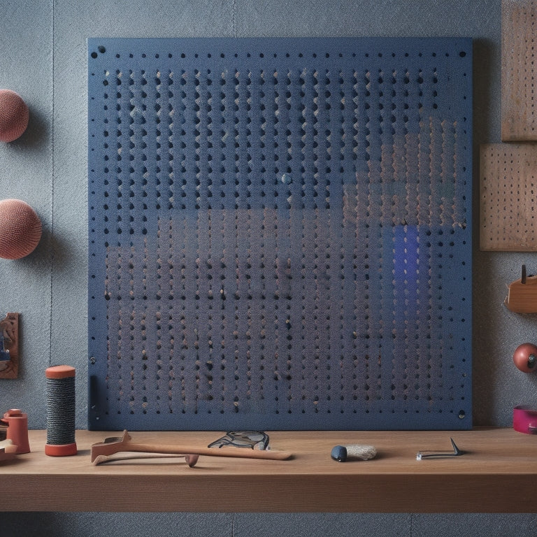 A wooden pegboard with rows of evenly spaced holes, various grip-strengthening tools like hangs, rocks, and balls attached, and a ninja-themed background with subtle smoke and Japanese-inspired patterns.