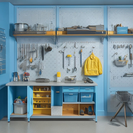 A clutter-free garage with a pegboard displaying neatly organized tools, a wall-mounted folding workbench, and a rolling cabinet with labeled drawers, set against a light gray background with subtle shadows.