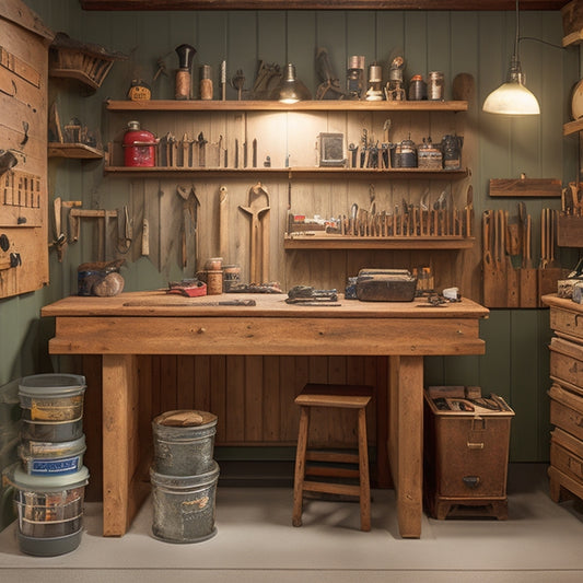 A clutter-free workshop with a sturdy, steel-frame tool cabinet workbench featuring a butcher-block top, vice, and pegboard, surrounded by organized tools and a few half-finished woodworking projects.