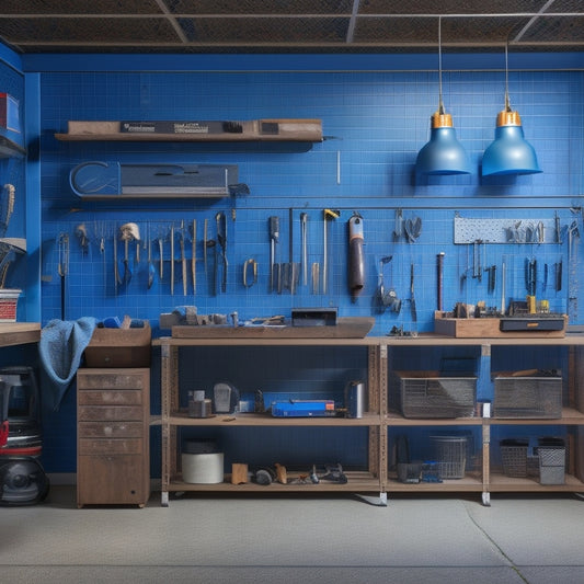 A well-lit, clutter-free garage with a pegboard on the wall, holding a variety of tools and accessories, alongside a workbench with built-in storage compartments and a rolling cabinet nearby.