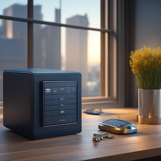 A modern, sleek key cabinet with digital lock and LED display sits on a minimalist desk surrounded by scattered, old-fashioned metal keys, with a blurred cityscape or office background.