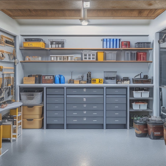 A well-lit, clutter-free garage with a sleek, modular storage bin organizer system featuring stacked, labeled bins in various sizes, surrounded by a tidy workbench and neatly hung tools.