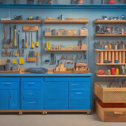 A clutter-free workshop with a pegboard filled with organized tools, a rolling cabinet with labeled drawers, and a toolbox with open compartments revealing neatly arranged gadgets and accessories.