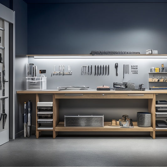 A bright, modern workshop with a sleek, silver drawer system, open to reveal neatly arranged power tools, screwdrivers, and wrenches, surrounded by subtle shadows and soft, white lighting.