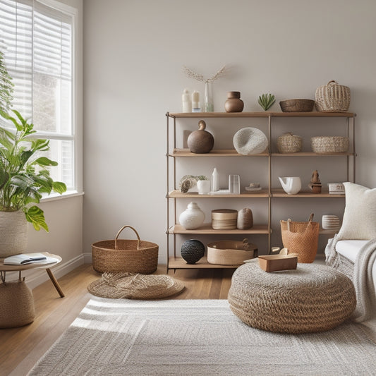 A serene, minimalist living room with a wall-mounted shelf system, wicker baskets, and a geometric-patterned rug, featuring a few, carefully-placed decorative items and plenty of negative space.