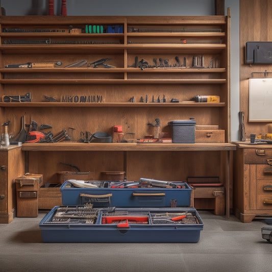 A well-organized workshop with a rolling tool case in the center, drawers and compartments filled with neatly arranged tools, surrounded by a clean and clutter-free workbench and walls.