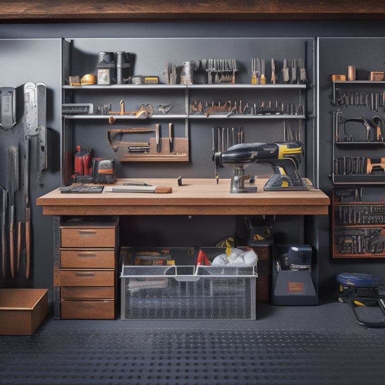 A well-organized, stainless steel tool box with a slide-out tray, surrounded by a clutter-free home garage with a pegboard, workbench, and a few strategically-placed power tools.