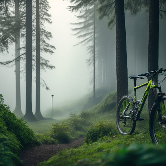 A misty mountain landscape with a winding dirt trail, a Norco North Shore bike leaning against a tree, and a helmet, gloves, and water bottle nearby, surrounded by lush greenery and foggy atmosphere.