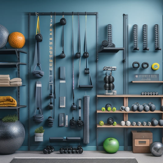 A tidy home gym with a large, wall-mounted pegboard displaying an organized array of exercise equipment, including dumbbells, kettlebells, jump ropes, and resistance bands, against a light-gray background.
