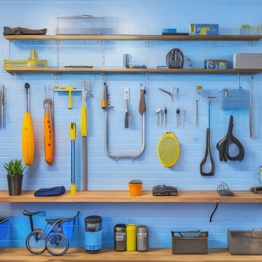 A well-organized garage interior with a sleek, silver Pegboard covering an entire wall, adorned with various tools and accessories, such as wrenches, hammers, and bikes, hung in a neat and colorful arrangement.