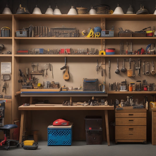 A well-organized workshop with a central workbench surrounded by labeled tool stations, a pegboard with hanging instruments, and a shelved storage area with neatly stacked supplies and materials.