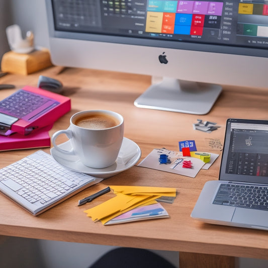 A tidy, organized desk with a laptop and a cup of coffee, featuring a Excel spreadsheet on the screen with colorful tabs and a key icon in the corner, surrounded by scattered paper keys.