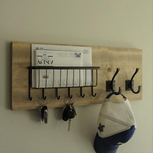 Simply Rustic Mail Organizer with Wire Basket and Coat Key Hooks by KeoDecor