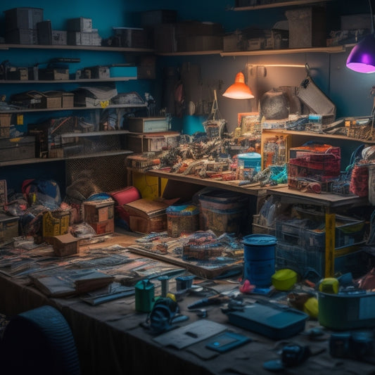 A dimly lit, cluttered room with shelves and tables overflowing with opened boxes, torn packaging, and a mix of gadgets, gizmos, and collectibles in shades of neon, metallic, and pastel.