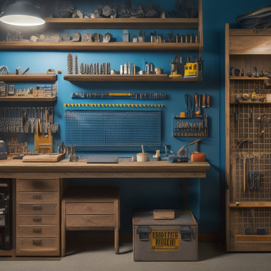 A well-lit, organized workshop with a pegboard on the wall, holding neatly arranged tools and accessories, alongside a rolling cabinet with labeled drawers and a countertop with a vice and a few strategically placed tools.