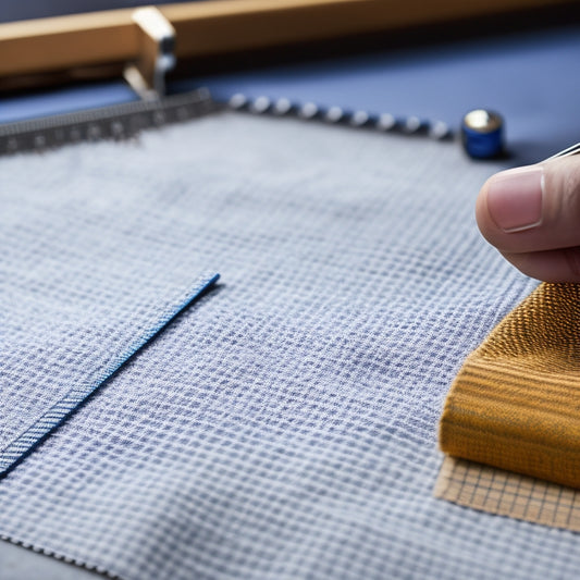 A close-up of a hand holding a sliding gauge, with a ruler and fabric in the background, surrounded by scattered threads and pins, with a subtle grid pattern on the work surface.