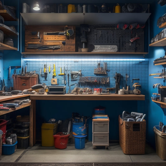 A tidy workshop with a pegboard covered in neatly arranged tools, a toolbox with labeled drawers, and a corner shelf with stacked plastic bins, illuminated by a single overhead light.