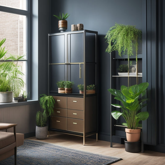 A modern, well-lit room with a sleek GangMei Metal Storage Cabinet in the center, with open doors revealing organized storage compartments, surrounded by minimalist decor and a few potted plants.