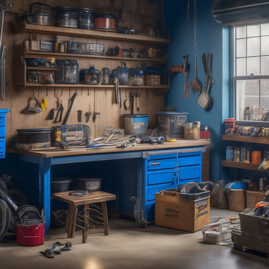 A cluttered tiny garage with a workbench, scattered tools, and a small car in the background, contrasted with a neat and organized corner featuring a pegboard, hooks, and a labeled storage bin.