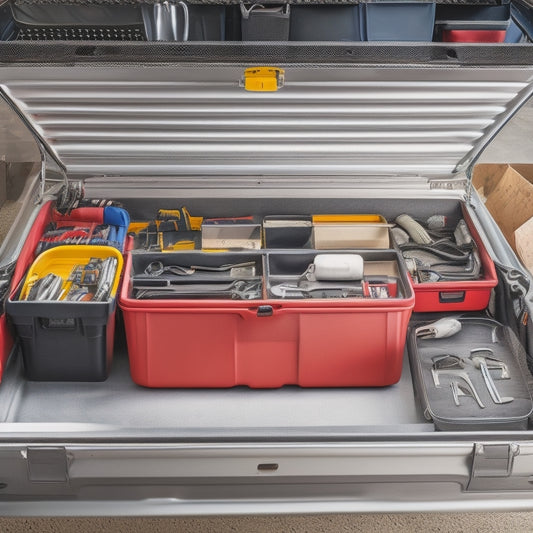 A clutter-free, organized mobile mechanic's truck bed with various tool chests, storage bins, and hooks, showcasing a mix of metal and plastic containers in a neat, easy-to-access arrangement.