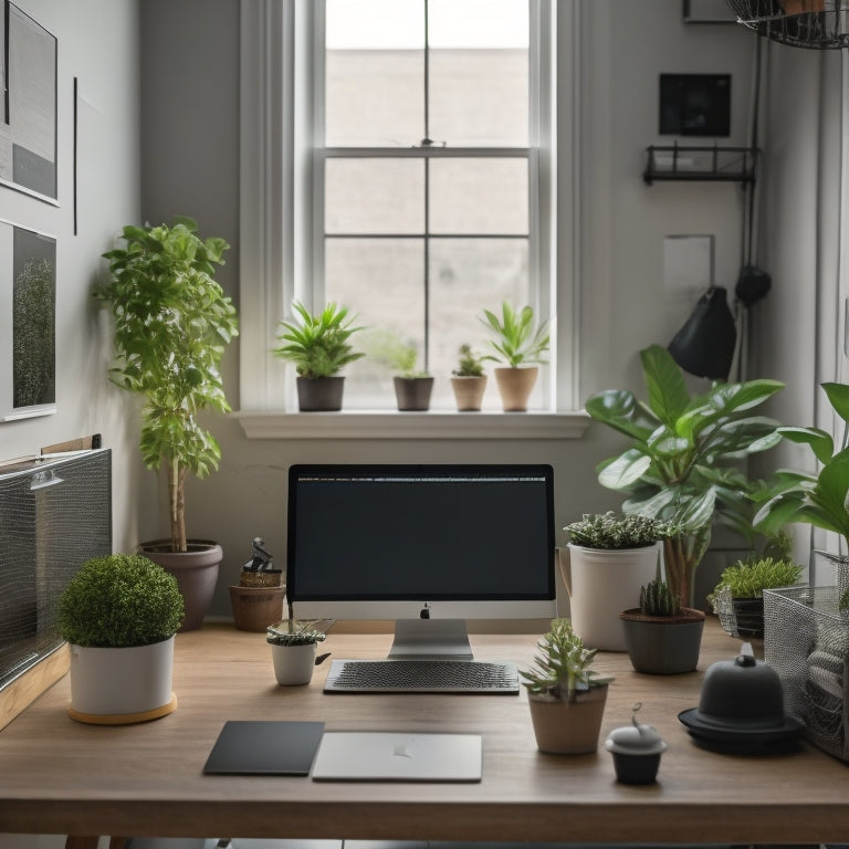 A clutter-free desk with a minimalist computer setup, surrounded by labeled storage bins, a small potted plant, and a few carefully placed 5S efficiency diagrams on the wall in the background.