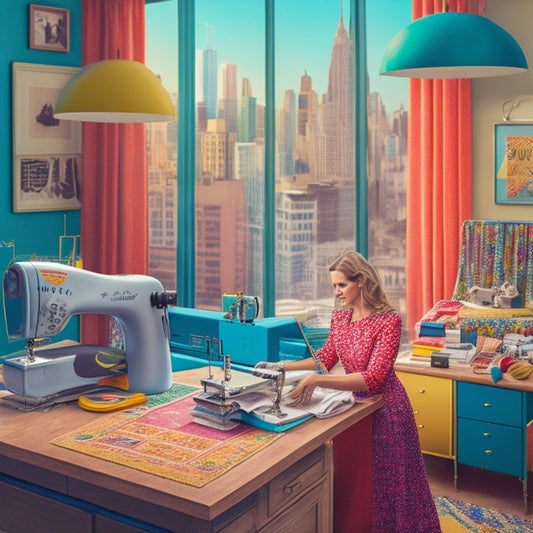 A colorful, clutter-free illustration of a sewing room with a stylish woman in the center, surrounded by bolts of fabric, threads, and sewing machines, with a subtle cityscape background.