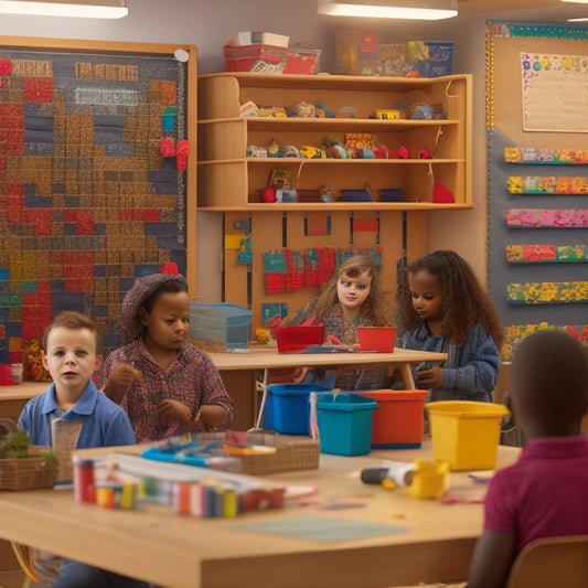 A colorful classroom scene featuring a large, wooden pegboard covered in assorted hooks, bins, and baskets, surrounded by excited students of diverse ages and abilities, crafting and building together.