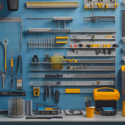An organized pegboard with various electrical tools and accessories, such as pliers, screwdrivers, wire strippers, and multimeters, hung from hooks and bins, set against a clean, gray background.
