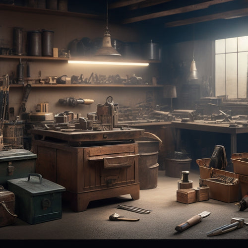 A cluttered tool shop background with three prominent tool boxes in the foreground, each with distinct branding and design, surrounded by scattered tools and equipment, with subtle shadows and reflections.