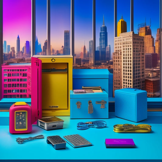 A colorful illustration of various key storage options, including a metal key cabinet, a digital key safe, and a key organizer with hooks, set against a background of moving boxes and a cityscape.