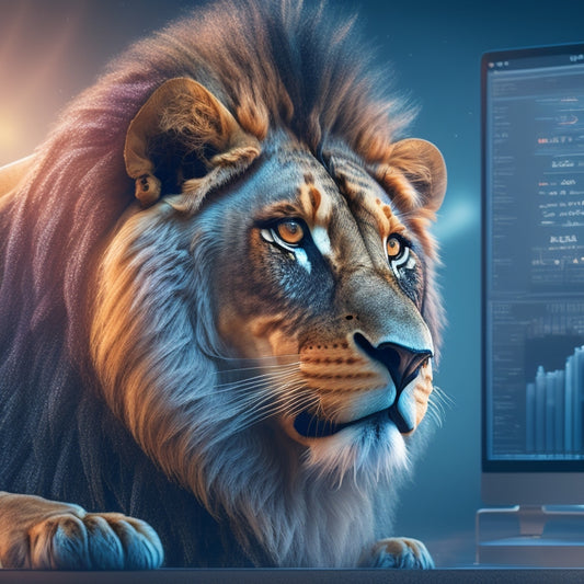 A stylized illustration of a lion's head emerging from a computer screen, surrounded by rising charts, graphs, and coding symbols, with a subtle glow effect to convey empowerment.