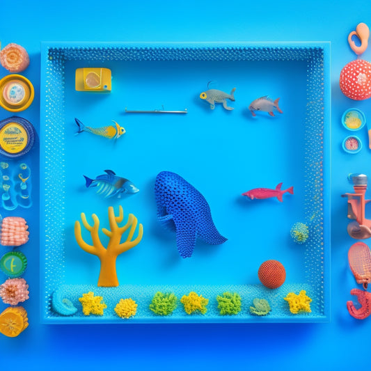 A colorful pegboard filled with ocean-themed pegs, featuring a smiling octopus, a school of fish, a seahorse, and a treasure chest, surrounded by seaweed and coral, against a bright blue background.