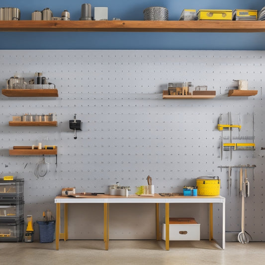 A modern, minimalist workshop with a large, floor-to-ceiling pegboard featuring Nikki Kreis' signature chevron design, adorned with neatly organized tools and accessories in a harmonious, monochromatic color scheme.