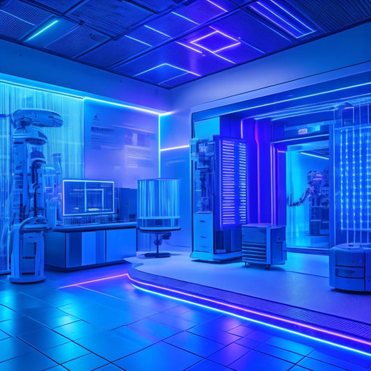A futuristic, sleek laboratory with glowing blue and purple neon lights, surrounded by holographic projections, robots, and innovative gadgets, showcasing cutting-edge technology and scientific discoveries.