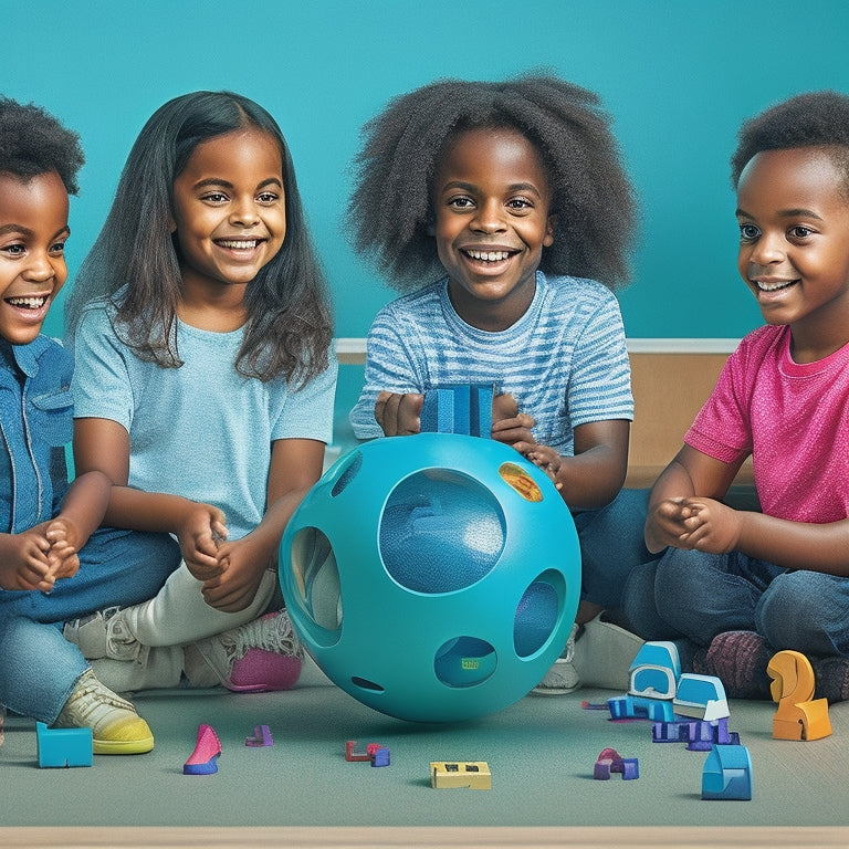 An illustration of a cheerful, diverse group of children, ages 4-12, engaging in various motor skill activities (climbing, balancing, tossing balls, and puzzle-solving) with a subtle, futuristic BOT-2 assessment tool in the background.