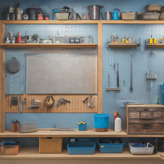 A clutter-free workshop with a pegboard covering an entire wall, adorned with various hooks, bins, and tools, including a hammer, pliers, and screwdrivers, with a few DIY projects in progress on the workbench.