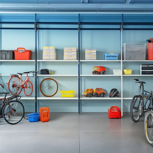 A well-organized garage with sleek, silver shelving units, holding neatly stacked storage bins, bicycles, and tools, set against a clean, gray concrete floor and a bright, white background.