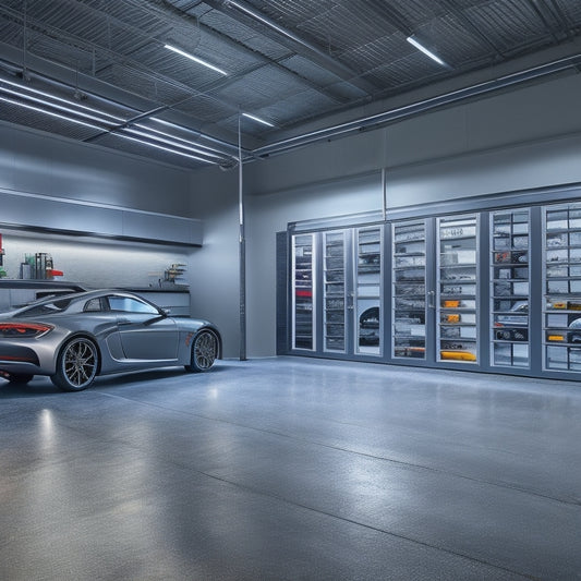 A well-lit, modern garage with polished concrete floors, showcasing 10 distinct cabinet styles in various materials, colors, and configurations, surrounded by sleek tools and sleek sports cars.