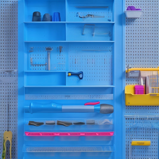 A sleek, modern pegboard with metallic hooks and vibrant, color-coded bins, surrounded by neatly hung tools and accessories, set against a clean, white background with subtle shadows.