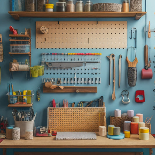 A well-organized pegboard with various craft supplies, such as scissors, spools, and tools, hanging neatly from hooks and bins, with a background of a wooden workbench or a craft room.