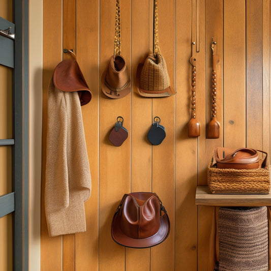 An organized entryway with 5-7 wooden wall hooks in various shapes and sizes, holding items like hats, bags, keys, and coats, against a warm, natural wood-toned background.