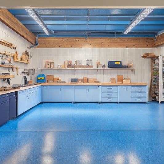A well-organized garage workshop with gray epoxy-coated floors, white walls, and a slanted ceiling, featuring floor-to-ceiling cabinets with metallic handles, a workbench with a vice, and a pegboard with hanging tools.