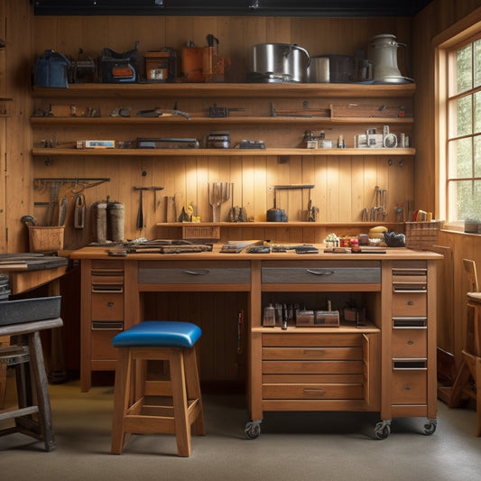 A clutter-free workshop bench with built-in storage compartments, featuring a sturdy wooden top, metal legs, and drawers with ergonomic handles, surrounded by tools and equipment in an organized, well-lit environment.