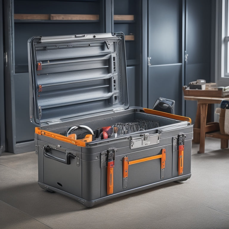 A clutter-free, well-organized portable tool chest with a sturdy metal frame, chrome handles, and multiple compartments, surrounded by various tools and equipment, on a clean, reflective workshop floor.