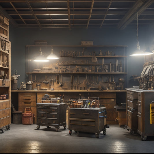 A well-lit, organized workshop with various tools and machinery in the background, featuring 3-4 different rolling chest tool boxes with open drawers and compartments, showcasing their contents.