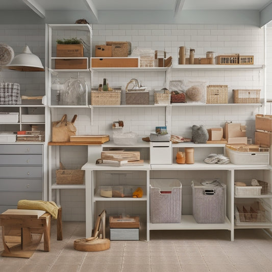 A clutter-free, compact room with a small, white, 3-tiered shelving unit against a light gray wall, holding a few neatly arranged toolboxes, baskets, and a portable workbench.