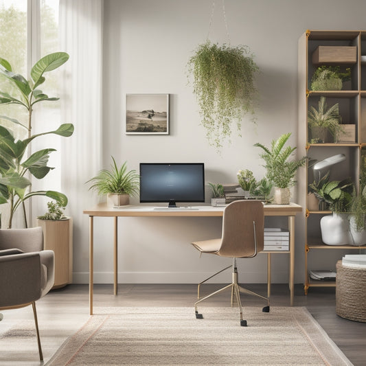 A tidy, modern workspace with a minimalist desk, ergonomic chair, and a few, carefully placed, potted plants, surrounded by sleek, labeled storage cabinets and shelves in a calming, neutral color scheme.